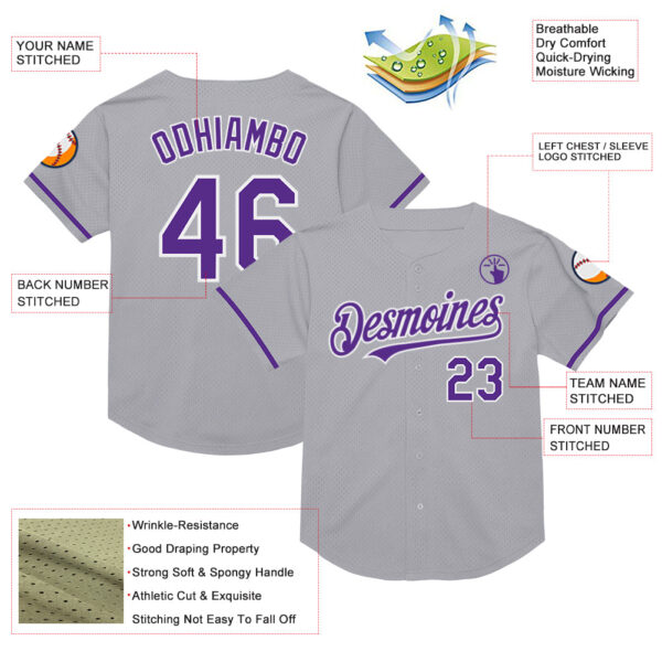 Custom Gray Purple-White Mesh Authentic Throwback Baseball Jersey
