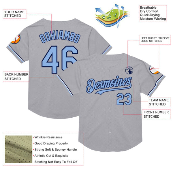 Custom Gray Light Blue-Navy Mesh Authentic Throwback Baseball Jersey