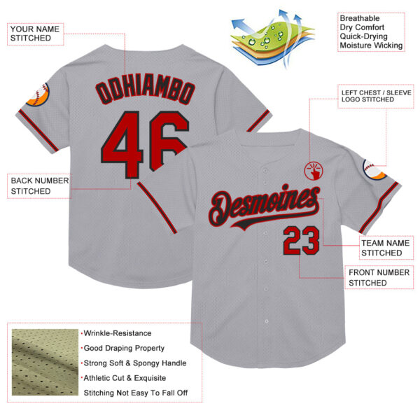Custom Gray Red-Black Mesh Authentic Throwback Baseball Jersey