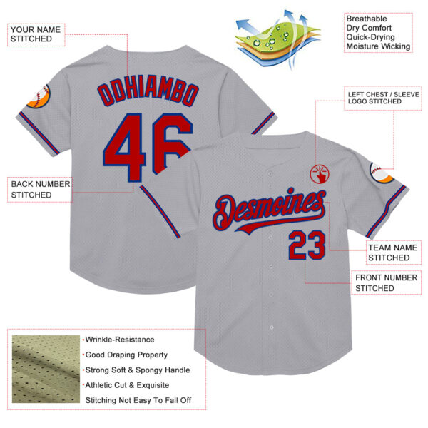 Custom Gray Red-Royal Mesh Authentic Throwback Baseball Jersey