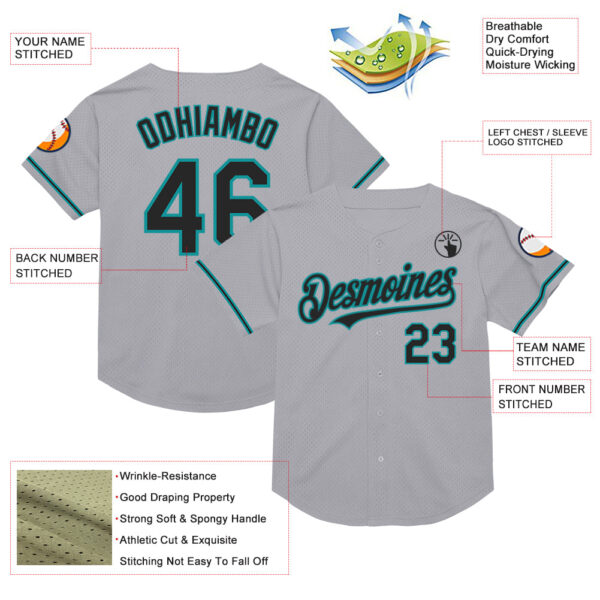 Custom Gray Black-Teal Mesh Authentic Throwback Baseball Jersey