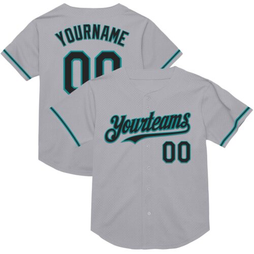 Gray0814 Custom Gray Black-Teal Mesh Authentic Throwback Baseball Jersey