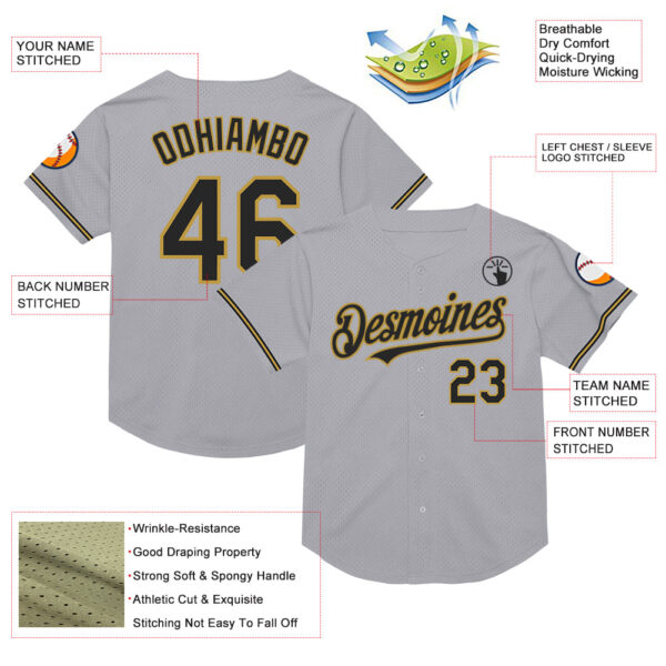 Custom Gray Black-Old Gold Mesh Authentic Throwback Baseball Jersey