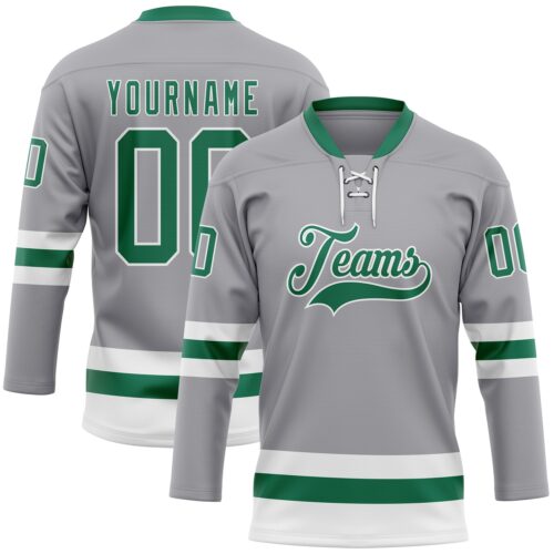 Gray0897 Custom Gray Kelly Green-White Hockey Lace Neck Jersey