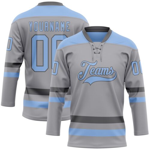 Gray0930 Custom Gray Light Blue-Steel Gray Hockey Lace Neck Jersey