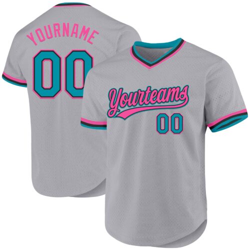 Gray0950 Custom Gray Teal Black-Pink Authentic Throwback Baseball Jersey