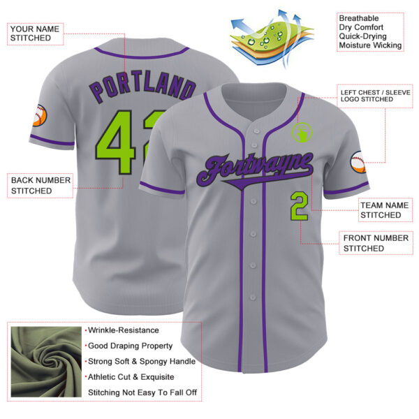 Custom Gray Neon Green Black-Purple Authentic Baseball Jersey