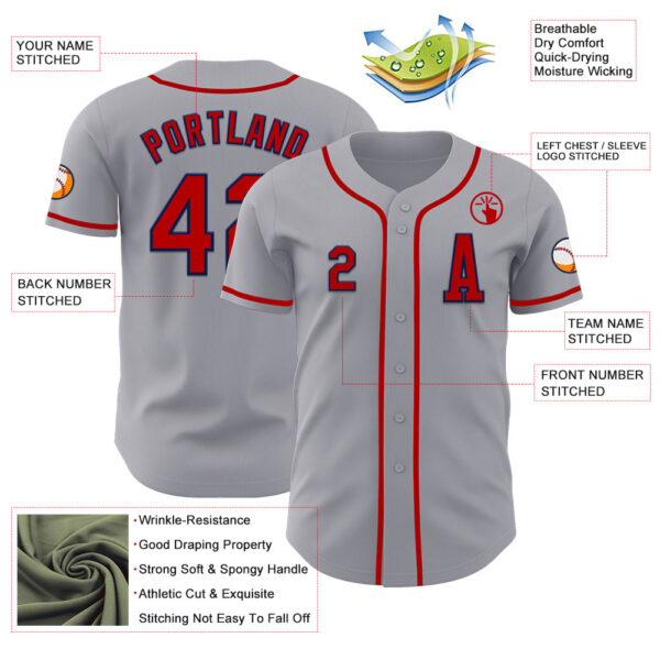 Custom Gray Red-Navy Authentic Baseball Jersey