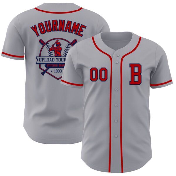 Custom Gray Red-Navy Authentic Baseball Jersey