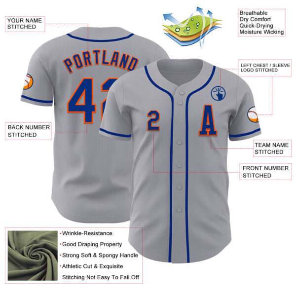 Custom Gray Royal-Orange Authentic Baseball Jersey