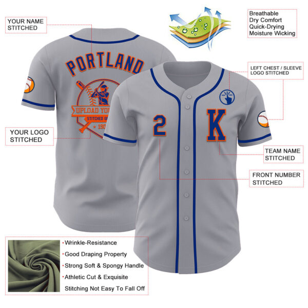 Custom Gray Royal-Orange Authentic Baseball Jersey