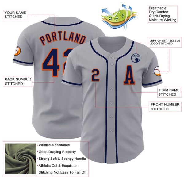 Custom Gray Navy-Orange Authentic Baseball Jersey