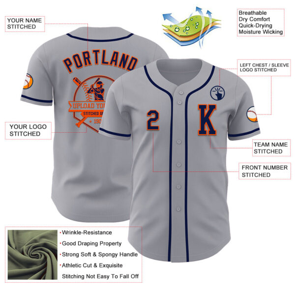 Custom Gray Navy-Orange Authentic Baseball Jersey