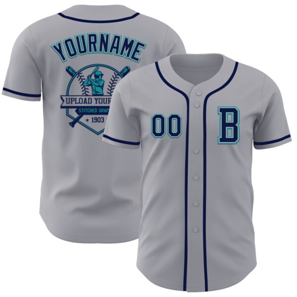 Custom Gray Navy-Teal Authentic Baseball Jersey