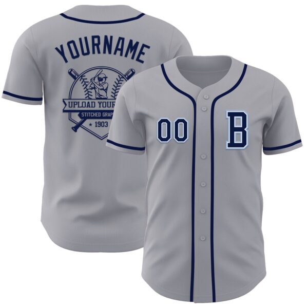 Custom Gray Navy-Light Blue Authentic Baseball Jersey