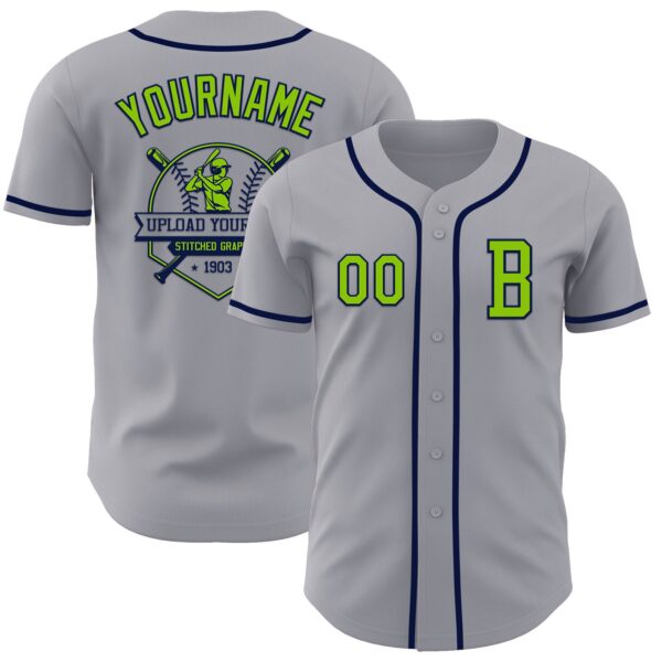 Custom Gray Neon Green-Navy Authentic Baseball Jersey