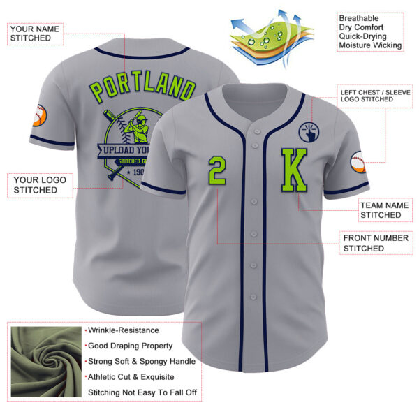 Custom Gray Neon Green-Navy Authentic Baseball Jersey