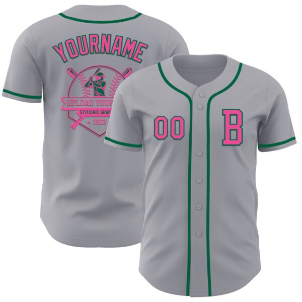 Custom Gray Pink-Kelly Green Authentic Baseball Jersey