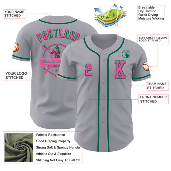 Custom Gray Pink-Kelly Green Authentic Baseball Jersey