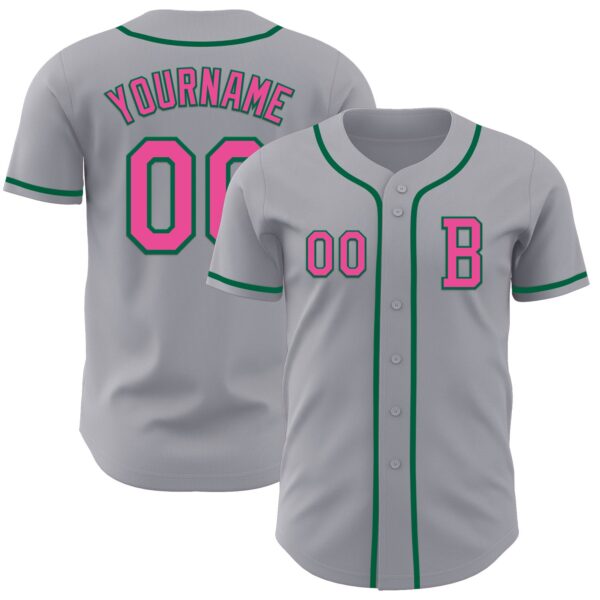 Custom Gray Pink-Kelly Green Authentic Baseball Jersey