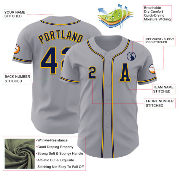 Custom Gray Navy-Gold Authentic Baseball Jersey