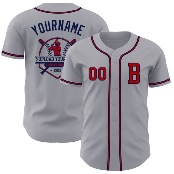 Custom Gray Red-Navy Authentic Baseball Jersey