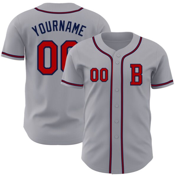 Custom Gray Red-Navy Authentic Baseball Jersey