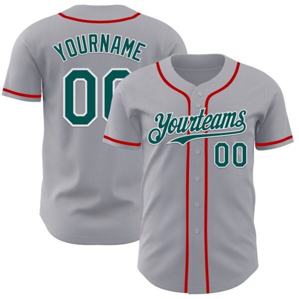 Custom Gray Midnight Green White-Red Authentic Baseball Jersey