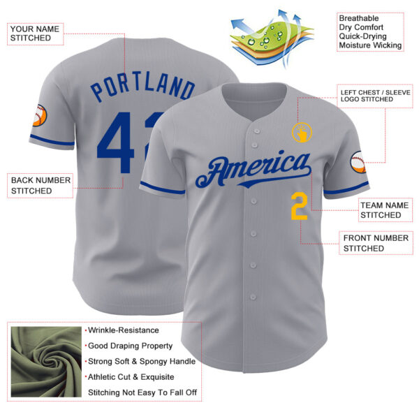 Custom Gray Royal-Gold Authentic Baseball Jersey