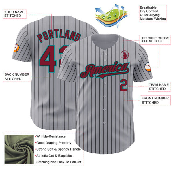 Custom Gray Black Pinstripe Crimson-Teal Authentic Baseball Jersey