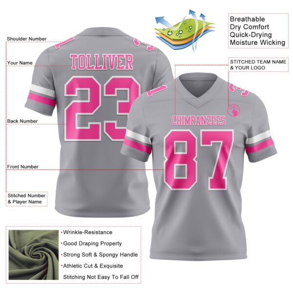 Custom Gray Pink-White Authentic Football Jersey