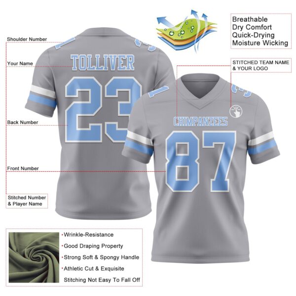 Custom Gray Light Blue-White Authentic Football Jersey
