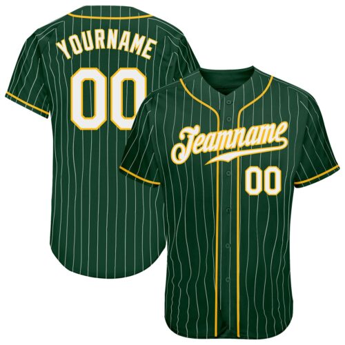 Green0047 Custom Green White Pinstripe White-Gold Authentic Baseball Jersey