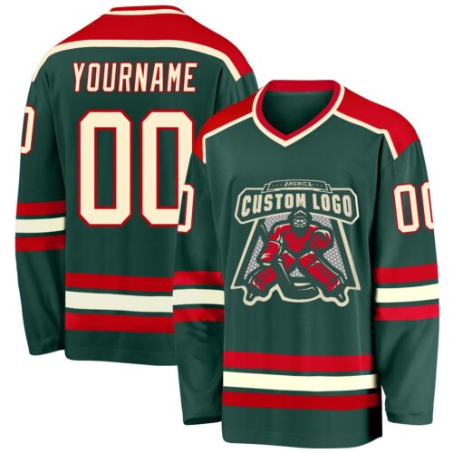Green0167 Custom Green Cream-Red Hockey Jersey
