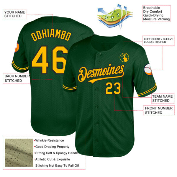 Custom Green Gold-Black Mesh Authentic Throwback Baseball Jersey