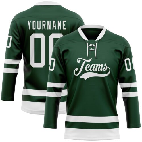 Green0351 Custom Green White Hockey Lace Neck Jersey