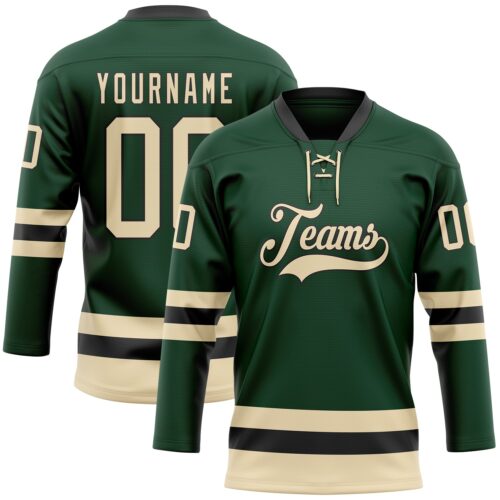 Green0359 Custom Green Cream-Black Hockey Lace Neck Jersey