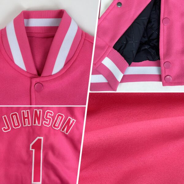 Custom Pink Pink-White Bomber Full-Snap Varsity Letterman Two Tone Jacket