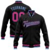 Custom Black Pink-Light Blue Bomber Full-Snap Varsity Letterman Jacket