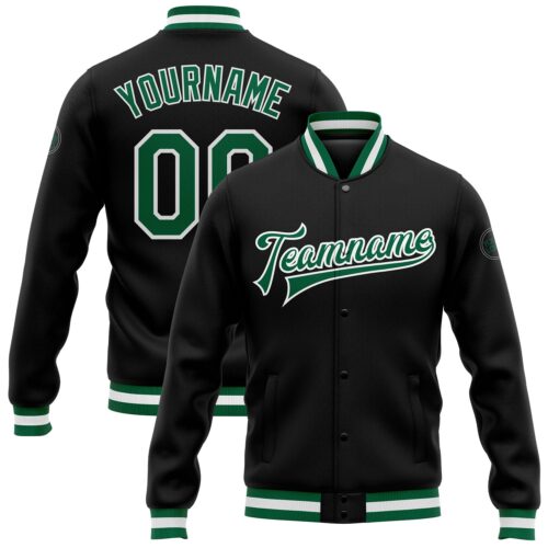 Custom Black Kelly Green-White Bomber Full-Snap Varsity Letterman Jacket