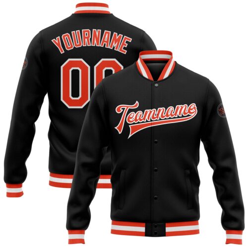 Jacket0008 Custom Black Orange-White Bomber Full-Snap Varsity Letterman Jacket
