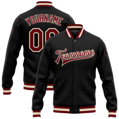 Jacket0016 Custom Black Maroon-Cream Bomber Full-Snap Varsity Letterman Jacket