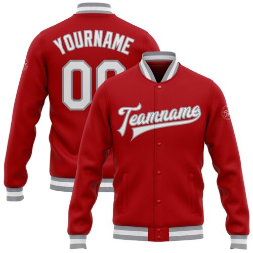 Jacket0031 Custom Red White-Gray Bomber Full-Snap Varsity Letterman Jacket