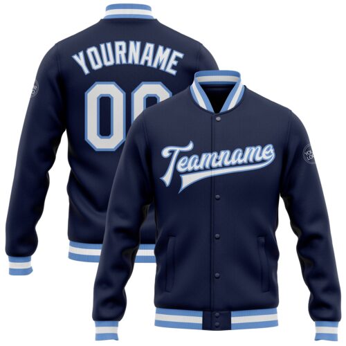 Jacket0040 Custom Navy White-Light Blue Bomber Full-Snap Varsity Letterman Jacket