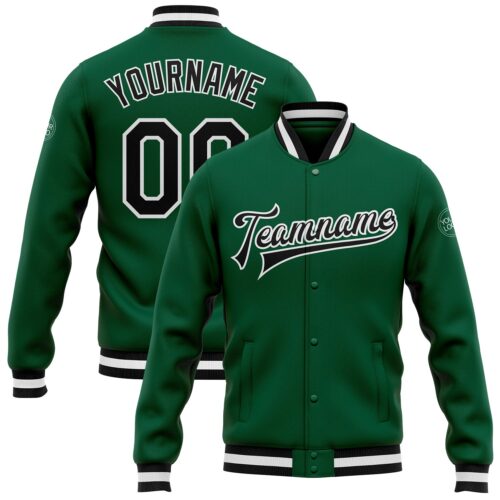 Jacket0061 Custom Kelly Green Black-White Bomber Full-Snap Varsity Letterman Jacket