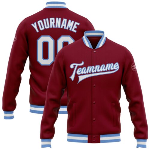 Jacket0068 Custom Crimson White-Light Blue Bomber Full-Snap Varsity Letterman Jacket