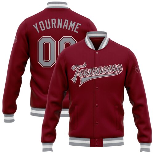 Jacket0070 Custom Crimson Gray-White Bomber Full-Snap Varsity Letterman Jacket