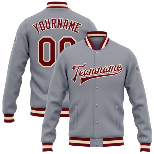 Jacket0086 Custom Gray Maroon-Cream Bomber Full-Snap Varsity Letterman Jacket