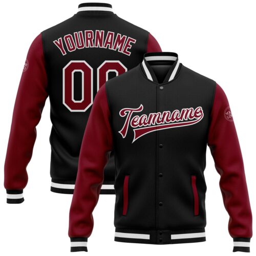 Jacket0096 Custom Black Crimson-White Bomber Full-Snap Varsity Letterman Two Tone Jacket