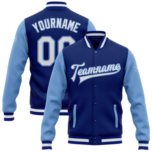 Jacket0099 Custom Royal White-Light Blue Bomber Full-Snap Varsity Letterman Two Tone Jacket